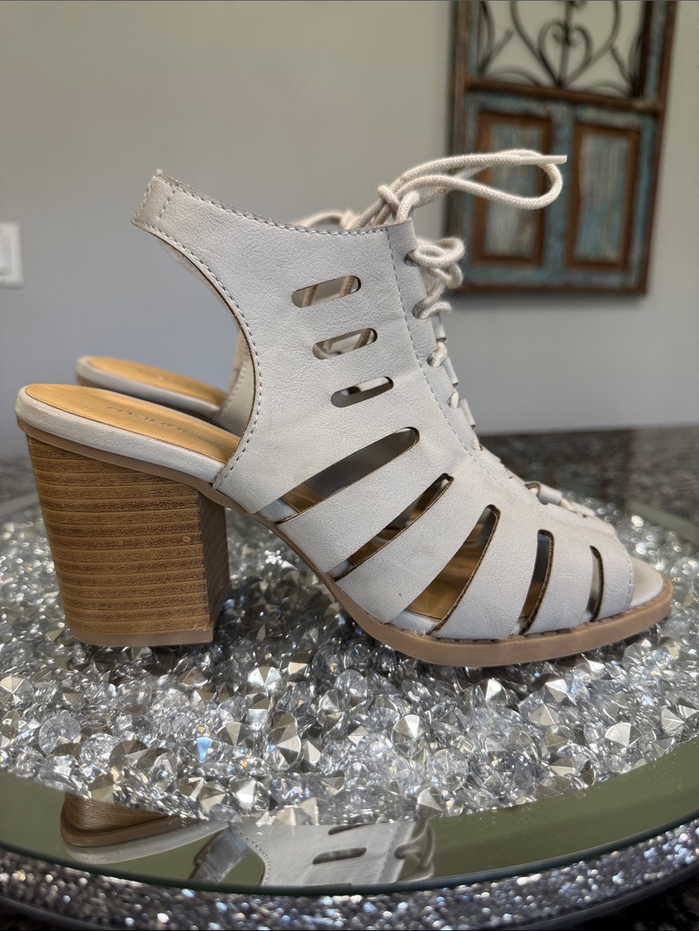 Maurices taupe Lace-Up Cutout Block Heel Sandals